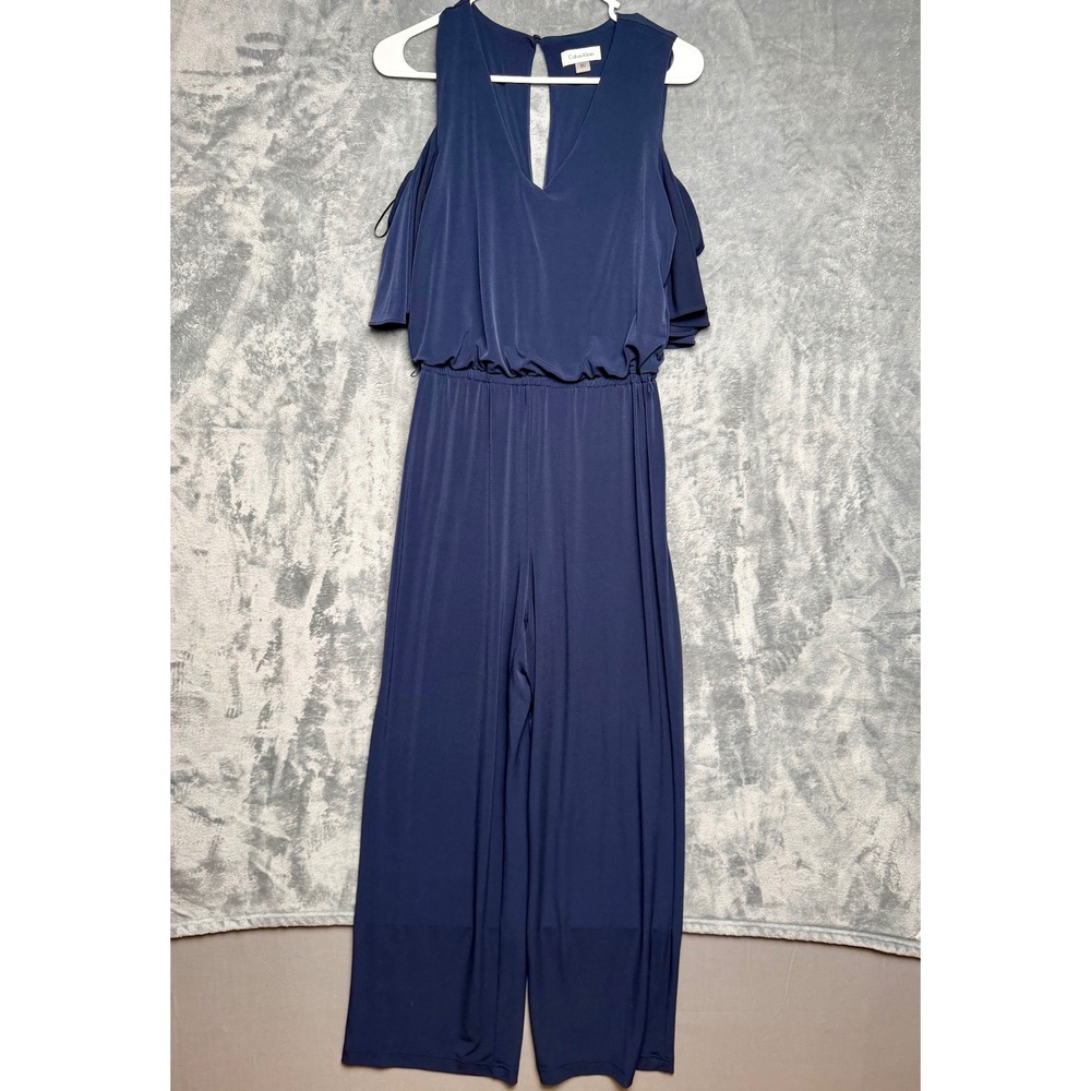 Calvin Klein Navy Blue Cold Shoulder Wide Leg Jumpsuit V-Neck Size 6